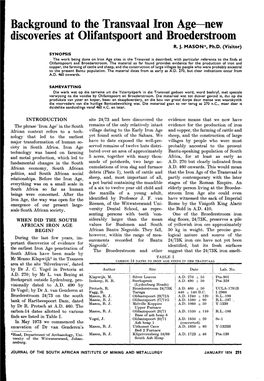 Background to the Transvaal Iron Age-New Discoveries at Olifantspoort and Broederstroom R