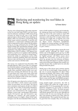 Marketing and Monitoring Live Reef Fishes in Hong Kong, an Update by Yvonne Sadovy 1