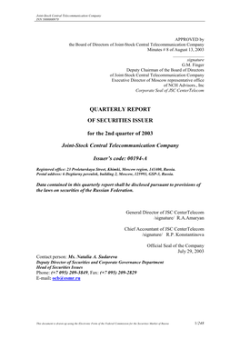 Quarterly Report of Securities