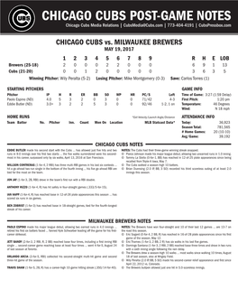 CHICAGO CUBS POST-GAME NOTES Chicago Cubs Media Relations | Cubsmedia@Cubs.Com | 773-404-4191 | Cubspressbox.Com