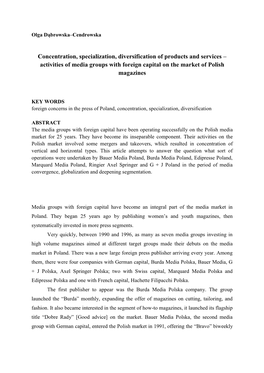 Activities of Media Groups with Foreign Capital on the Market of Polish Magazines