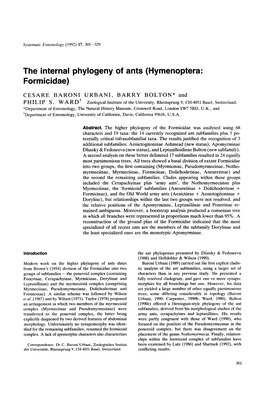 The Internal Phylogeny of Ants (Hymenoptera: Formicidae)