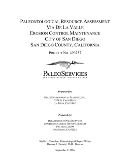 Paleontological Resource Assessment Via De La Valle Erosion Control Maintenance City of San Diego San Diego County, California