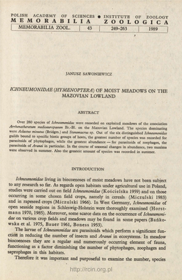 Ichneumonidae (Hymenoptera) of Moist Meadows on the Mazovian Lowland