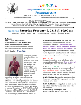 S.F.V.B.S. San Fernando Valley Bromeliad Society February 2018 P.O