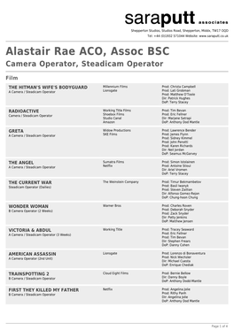 Alastair Rae ACO, Assoc BSC Camera Operator, Steadicam Operator