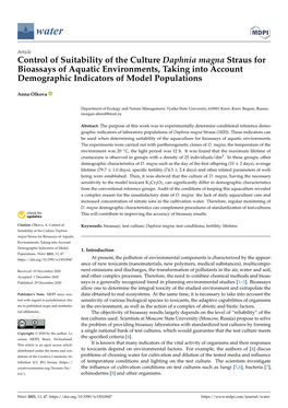 Control of Suitability of the Culture Daphnia Magna Straus for Bioassays of Aquatic Environments, Taking Into Account Demographic Indicators of Model Populations