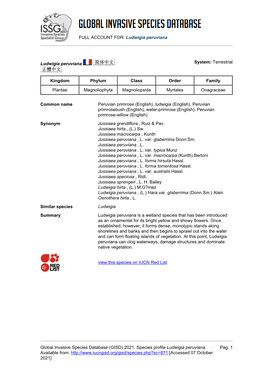 FULL ACCOUNT FOR: Ludwigia Peruviana Global Invasive Species Database (GISD) 2021. Species Profile Ludwigia Peruviana. Available