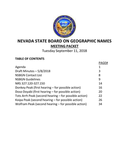 NEVADA STATE BOARD on GEOGRAPHIC NAMES MEETING PACKET Tuesday September 11, 2018