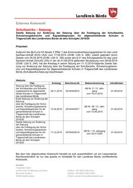 Satzung Über Die Festlegung Der Schulbezirke Und Schuleinzugsbereiche Für Allgemeinbildende Schulen in Trägerschaft Des Landkreises Börde