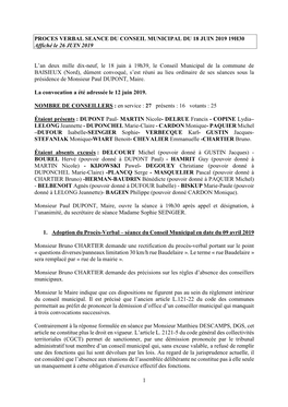 1 PROCES VERBAL SEANCE DU CONSEIL MUNICIPAL DU 18 JUIN 2019 19H30 Affiché Le 26 JUIN 2019 L'an Deux Mille Dix-Neuf, Le 18