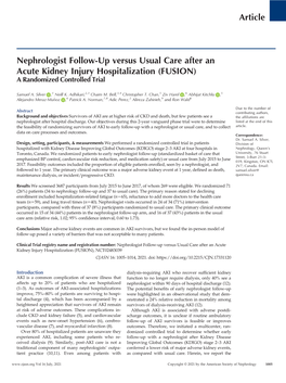 Nephrologist Follow-Up Versus Usual Care After an Acute Kidney Injury Hospitalization (FUSION) a Randomized Controlled Trial