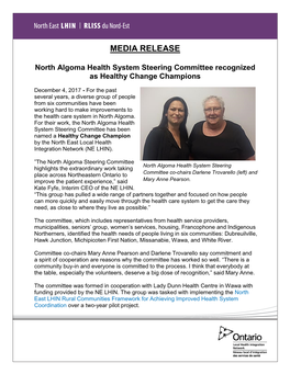 North Algoma Health System Steering Committee Recognized As Healthy Change Champions