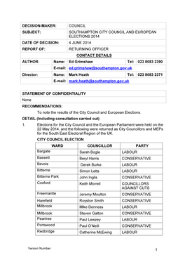 Southampton City Council and European Elections