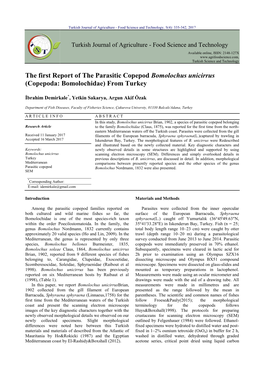 The First Report of the Parasitic Copepod Bomolochus Unicirrus (Copepoda: Bomolochidae) from Turkey