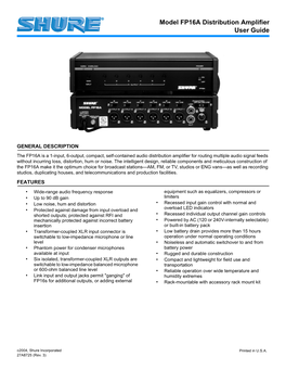 Model FP16A Distribution Amplifier User Guide