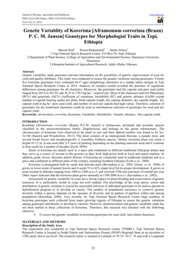 Genetic Variablity of Korerima [Aframomum Corrorima (Braun) P