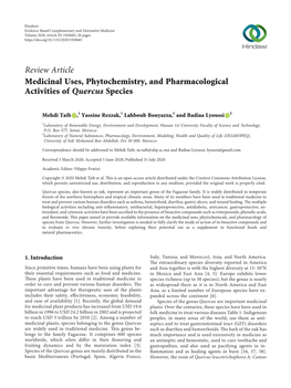 Review Article Medicinal Uses, Phytochemistry, and Pharmacological Activities of Quercus Species