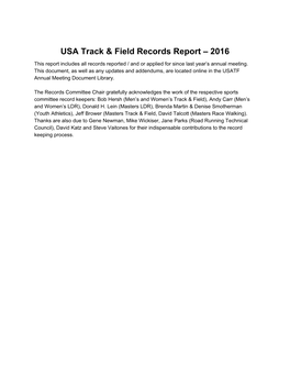 Records Report – 2016 This Report Includes All Records Reported / and Or Applied for Since Last Year’S Annual Meeting