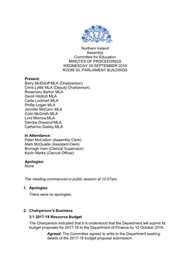 Northern Ireland Assembly Committee for Education MINUTES of PROCEEDINGS WEDNESDAY 28 SEPTEMBER 2016 ROOM 30, PARLIAMENT BUILDINGS