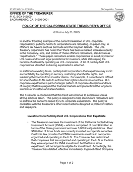 Policy of the California State Treasurer's Office