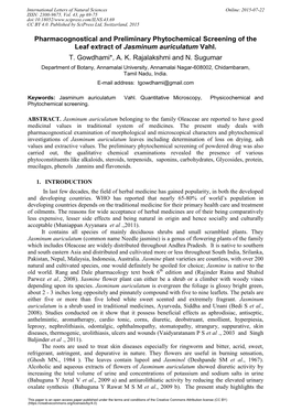 Pharmacognostical and Preliminary Phytochemical Screening of the Leaf Extract of Jasminum Auriculatum Vahl