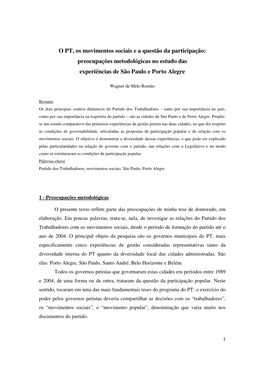 O PT, Os Movimentos Sociais E a Questão Da Participação: Preocupações Metodológicas No Estudo Das Experiências De São Paulo E Porto Alegre