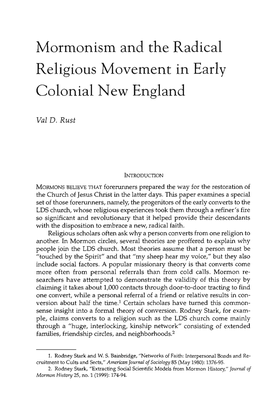Mormonism and the Radical Religious Movement in Early Colonial New England
