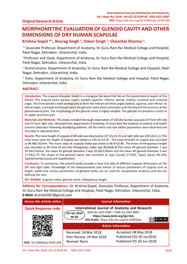 MORPHOMETRIC EVALUATION of GLENOID CAVITY and OTHER DIMENSIONS of DRY HUMAN SCAPULAE Krishna Gopal *1, Anurag Singh 2, Onkar Singh 3, Chanchal Sharma 4