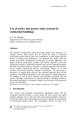 Use of Active and Passive Solar Systems in Residential Buildings