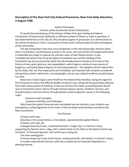 Description of the New York City Federal Procession, New York Daily Advertiser, 2 August 1788