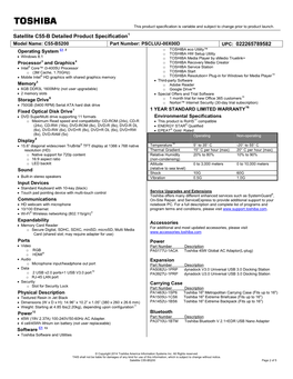Satellite C55-B Detailed Product Specification1 UPC: 022265789582