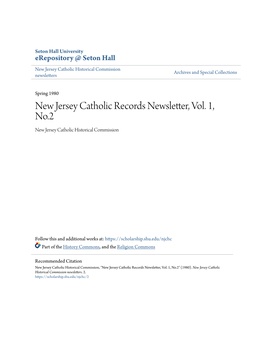 New Jersey Catholic Records Newsletter, Vol. 1, No.2 New Jersey Catholic Historical Commission