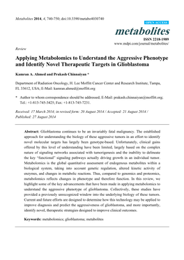 Applying Metabolomics to Understand the Aggressive Phenotype and Identify Novel Therapeutic Targets in Glioblastoma