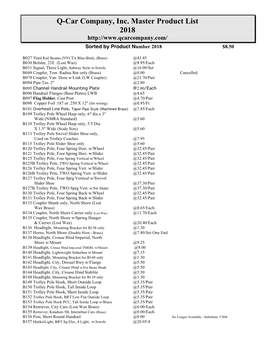 Q-Car Company, Inc. Master Product List 2018