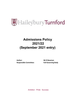 Admissions Policy 2021/22 (September 2021 Entry)