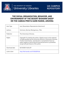 70-6668 SIMMONS, Norman Montgomery, 1934- the SOCIAL ORGANIZATION, BEHAVIOR, and ENVIRONMENT of the DESERT BIGHORN SHEEP on the CABEZA PRIETA GAME RANGE, ARIZONA