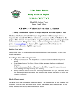 GS-1001-4 Visitor Information Assistant