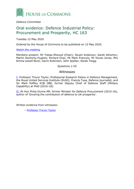 Oral Evidence: Defence Industrial Policy: Procurement and Prosperity, HC 163