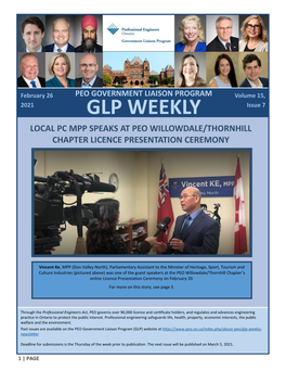 GLP WEEKLY Issue 7 LOCAL PC MPP SPEAKS at PEO WILLOWDALE/THORNHILL CHAPTER LICENCE PRESENTATION CEREMONY