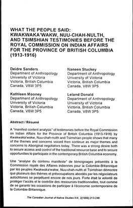 Kwakwaka'wakw, Nuu-Chah-Nulth, and Tsimshian Testimonies Before the Royal Commission on Indian Affairs for the Province of British Columbia (1913-1916)