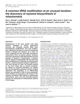 The Discovery of Wyosine Biosynthesis in Mitochondria Paul J