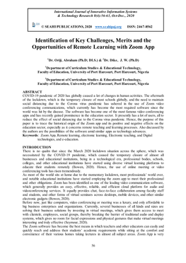 Identification of Key Challenges, Merits and the Opportunities of Remote Learning with Zoom App