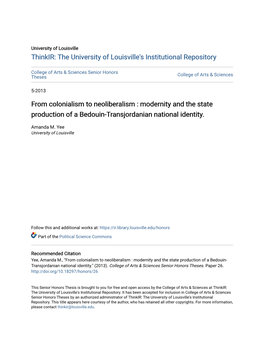 From Colonialism to Neoliberalism : Modernity and the State Production of a Bedouin-Transjordanian National Identity