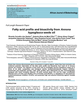 Fatty Acid Profile and Bioactivity from Annona Hypoglauca Seeds Oil