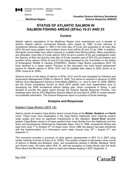 STATUS of ATLANTIC SALMON in SALMON FISHING AREAS (Sfas) 19-21 and 23