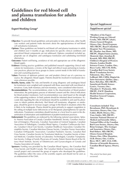 Guidelines for Red Blood Cell and Plasma Transfusion for Adults and Children Special Supplement Expert Working Group* Supplément Spécial