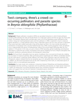 Co-Occurring Pollinators and Parasite Species in Breynia Oblongifolia