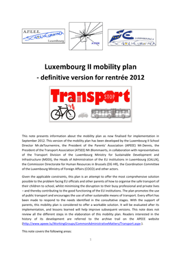 Luxembourg II Mobility Plan - Definitive Version for Rentrée 2012