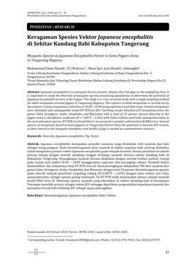 Keragaman Spesies Vektor Japanese Encephalitis Di Sekitar Kandang Babi Kabupaten Tangerang